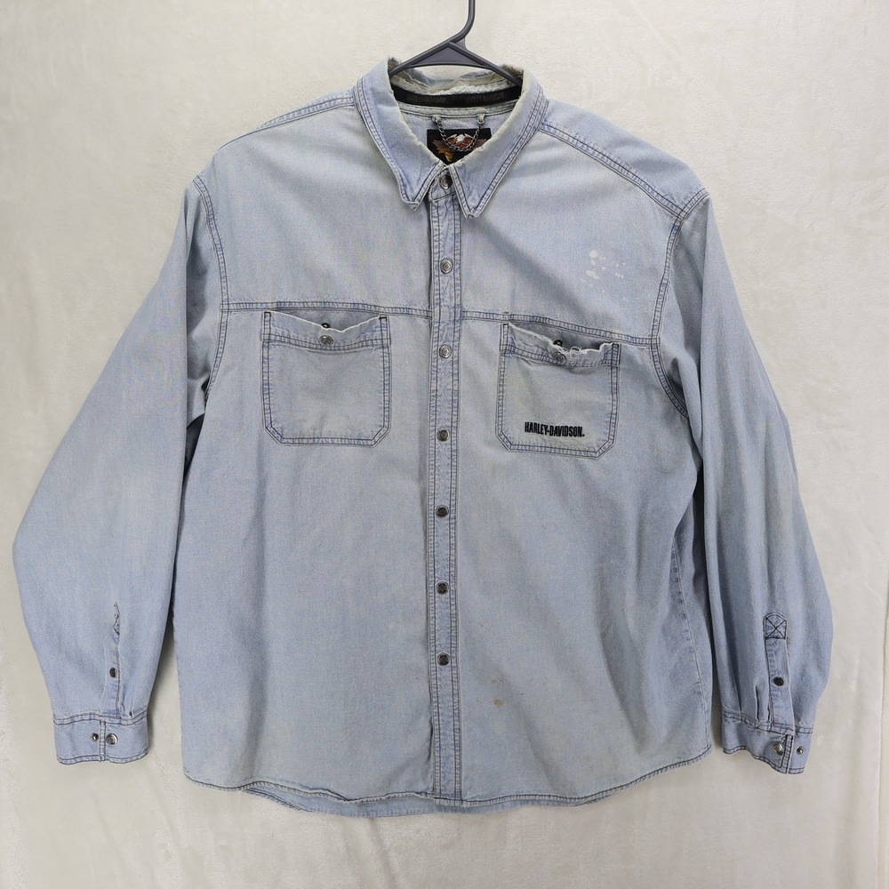 Harley Davidson XXL Light Wash Denim Button Shirt '03 C8036 HMGL Thrashed *READ - Picture 1 of 15